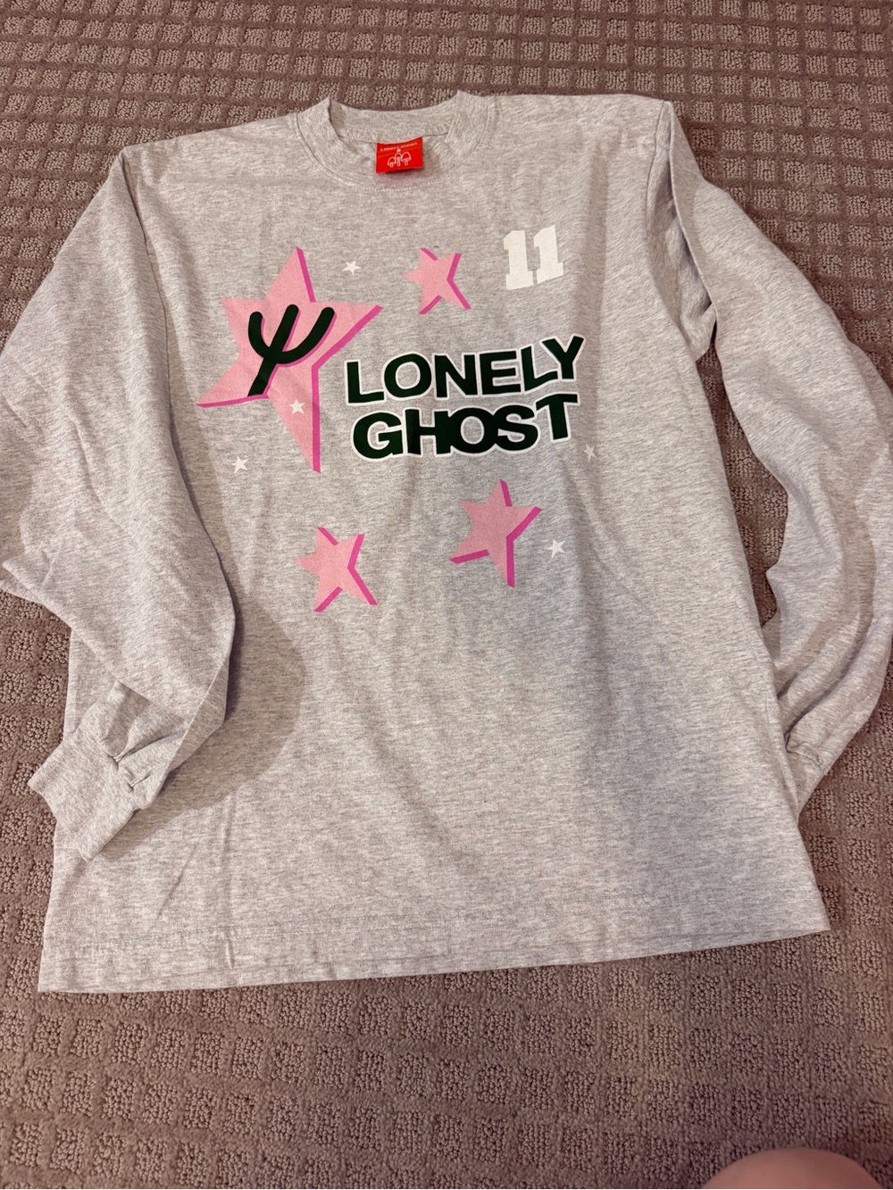 LONELY GHOST Gray Long Sleeve Tee with Pink Star Graphics